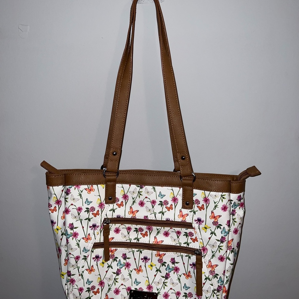 Floral Canvas Tote with Brown Trim and Straps